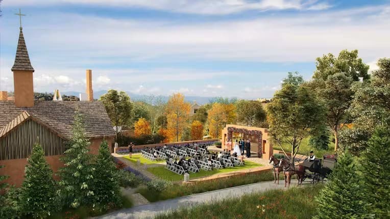 Outdoor wedding ceremony at the historic chapel lawn at Bishop's Lodge, Auberge Resorts Collection, with mountain views and a horse-drawn carriage
